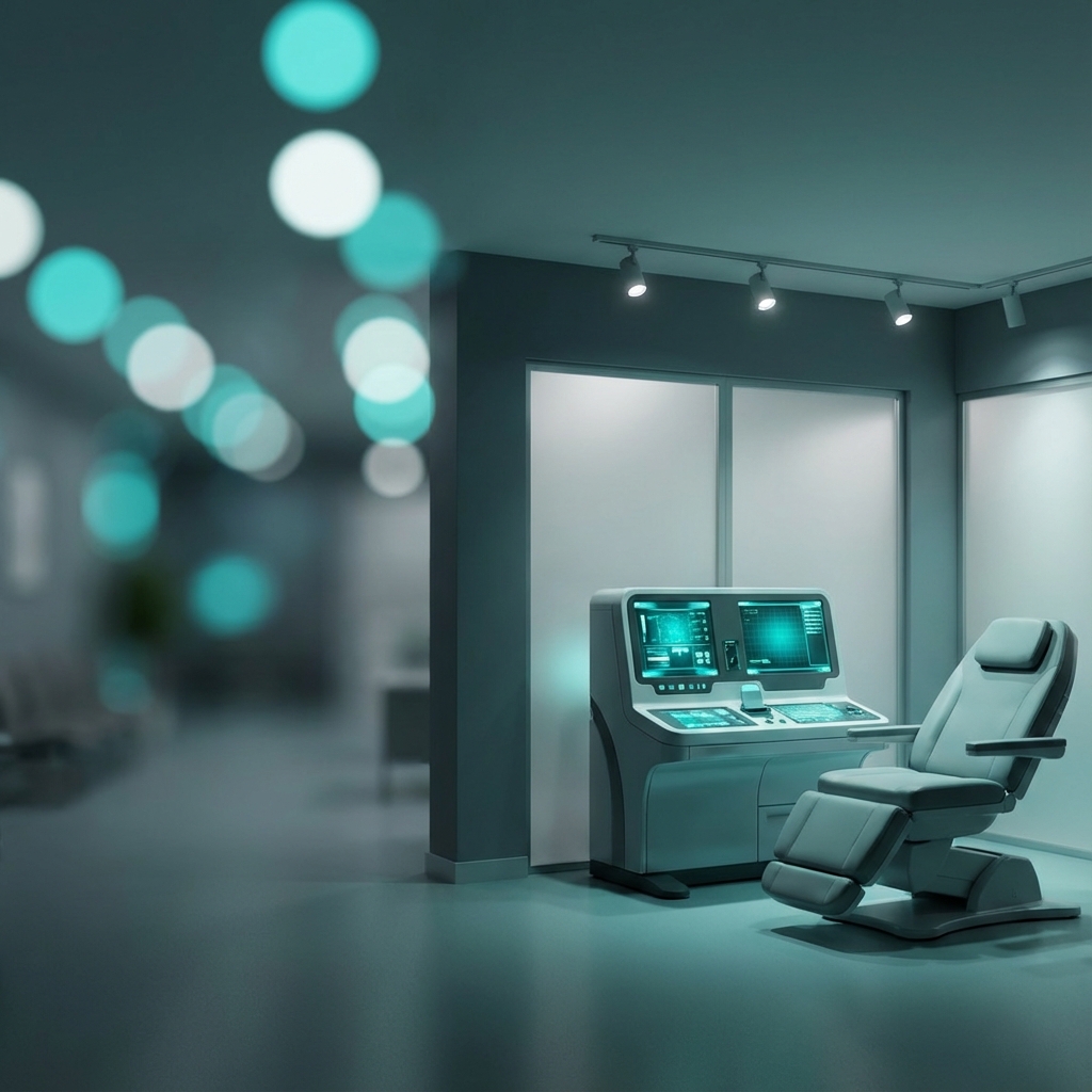 Professional modern medical office interior, blurry background, bokeh, high end medical equipment, cinematic lighting, teal and white tones, no people, no woman